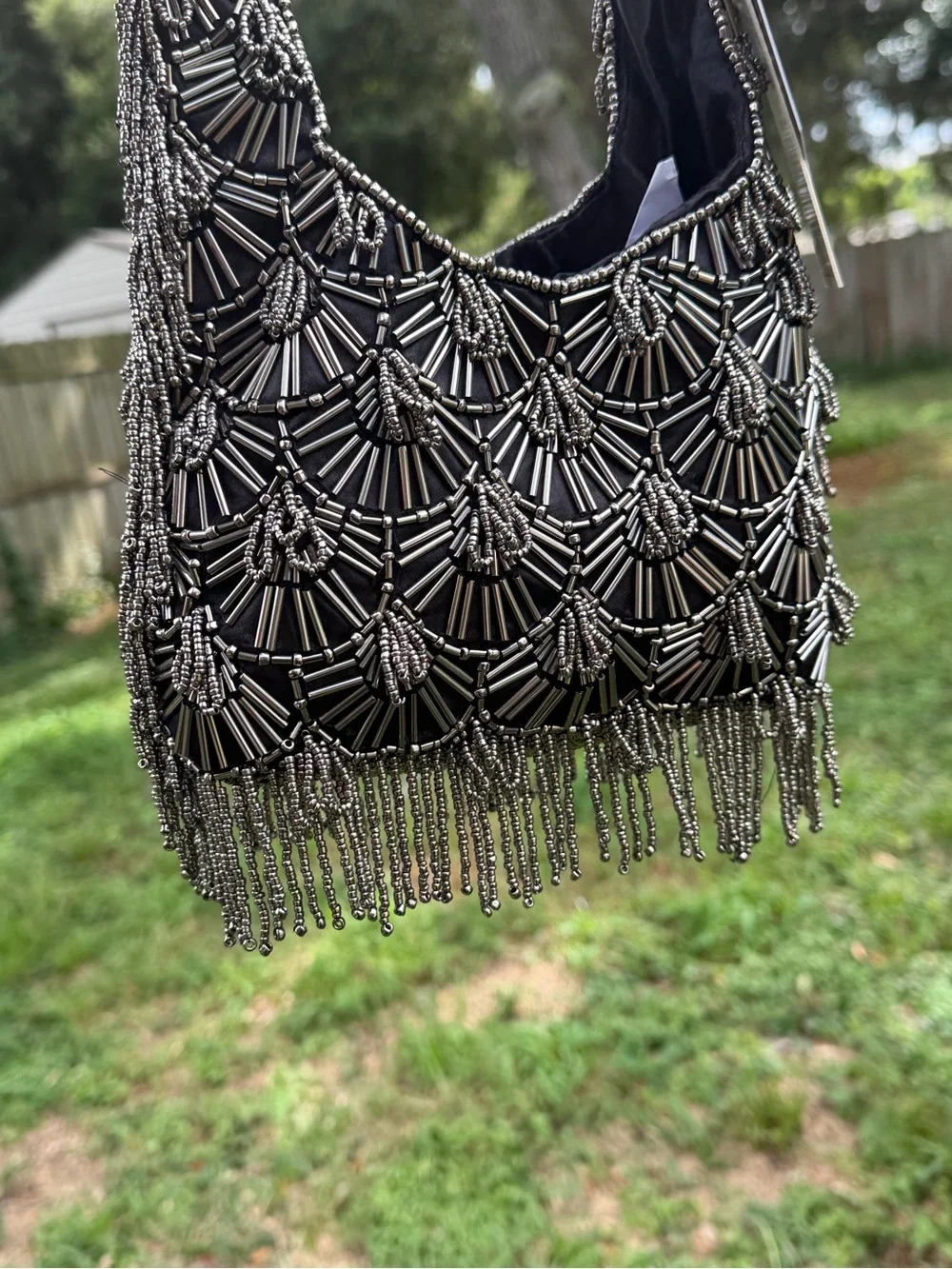 India Boutique Black Beaded Shoulder Bag with Silver Accents